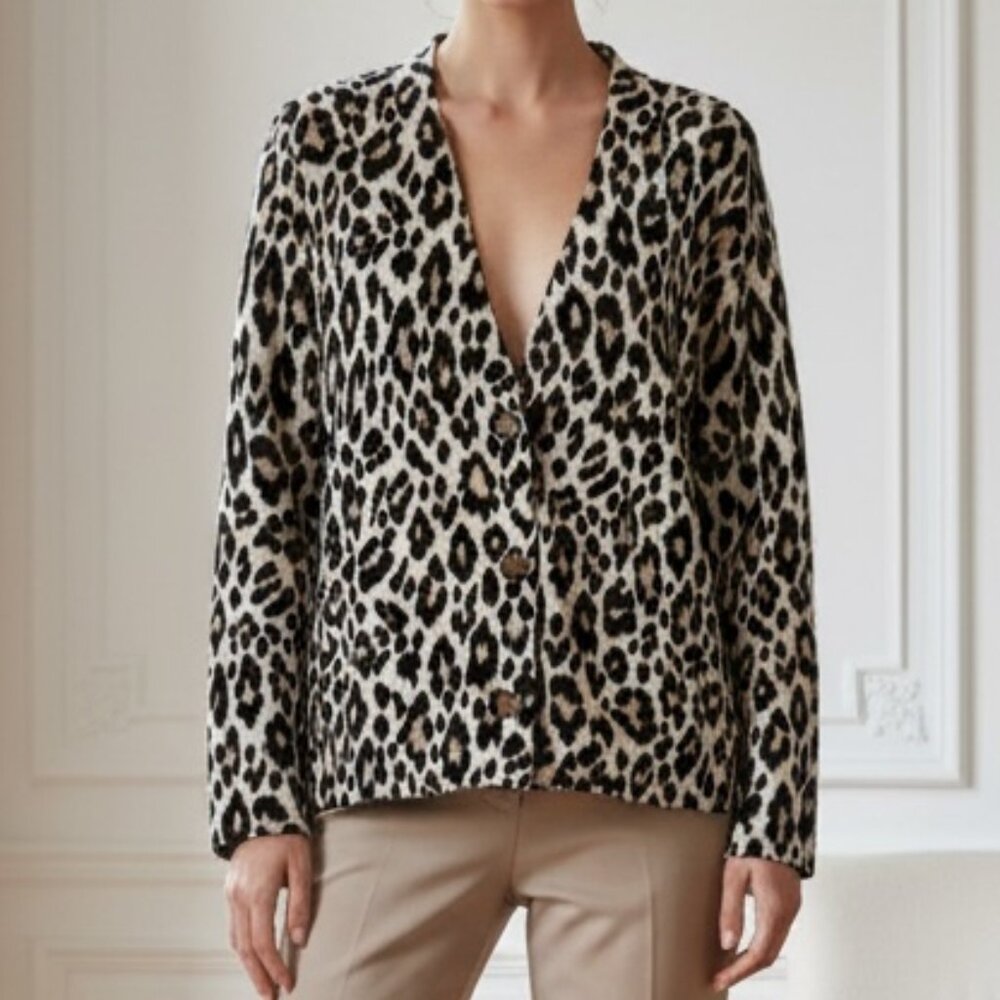 Chico's Tan Black Leopard 3 Button Cotton Linen Cardigan 2